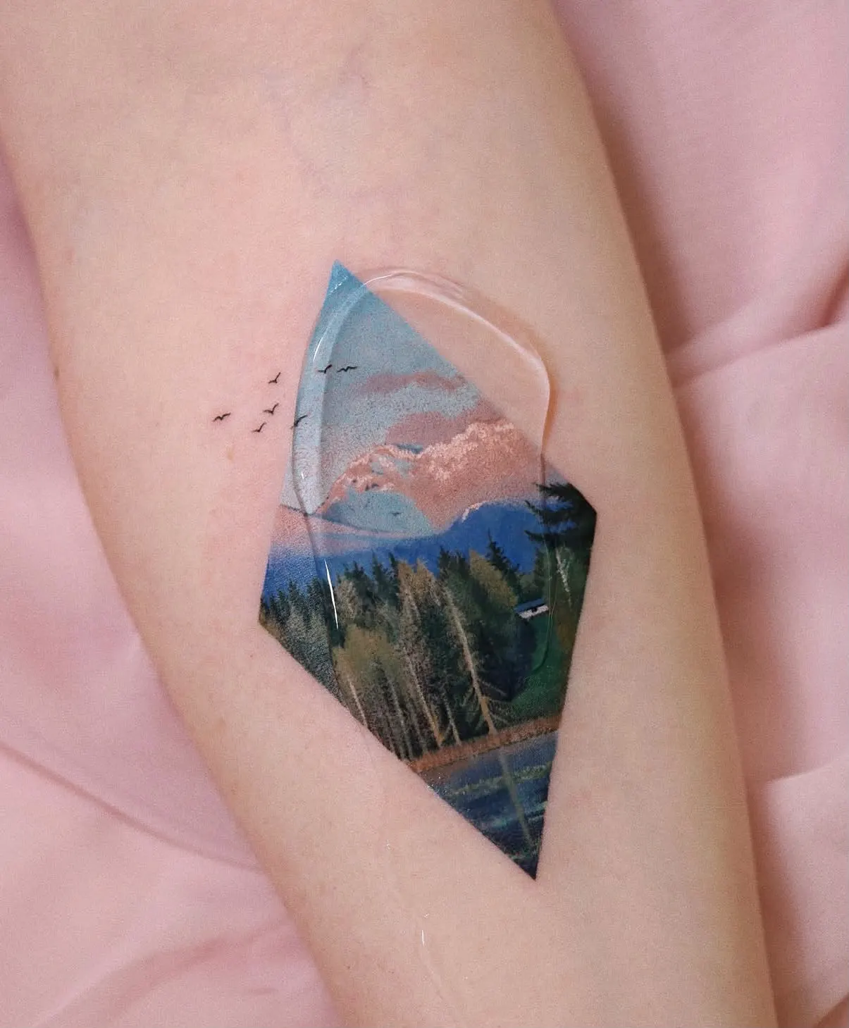 Colour scenic & landscape tattoo by Alma Studio, Brighton