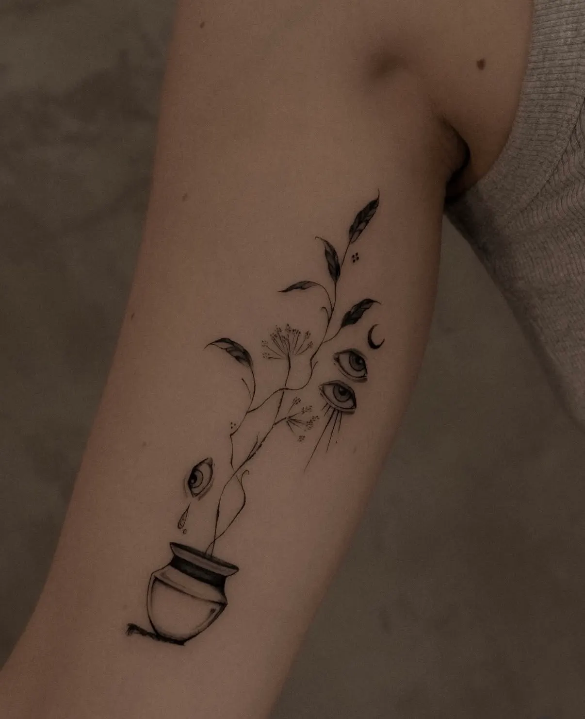 Fine line surrealism tattoo by Alma Studio, Brighton