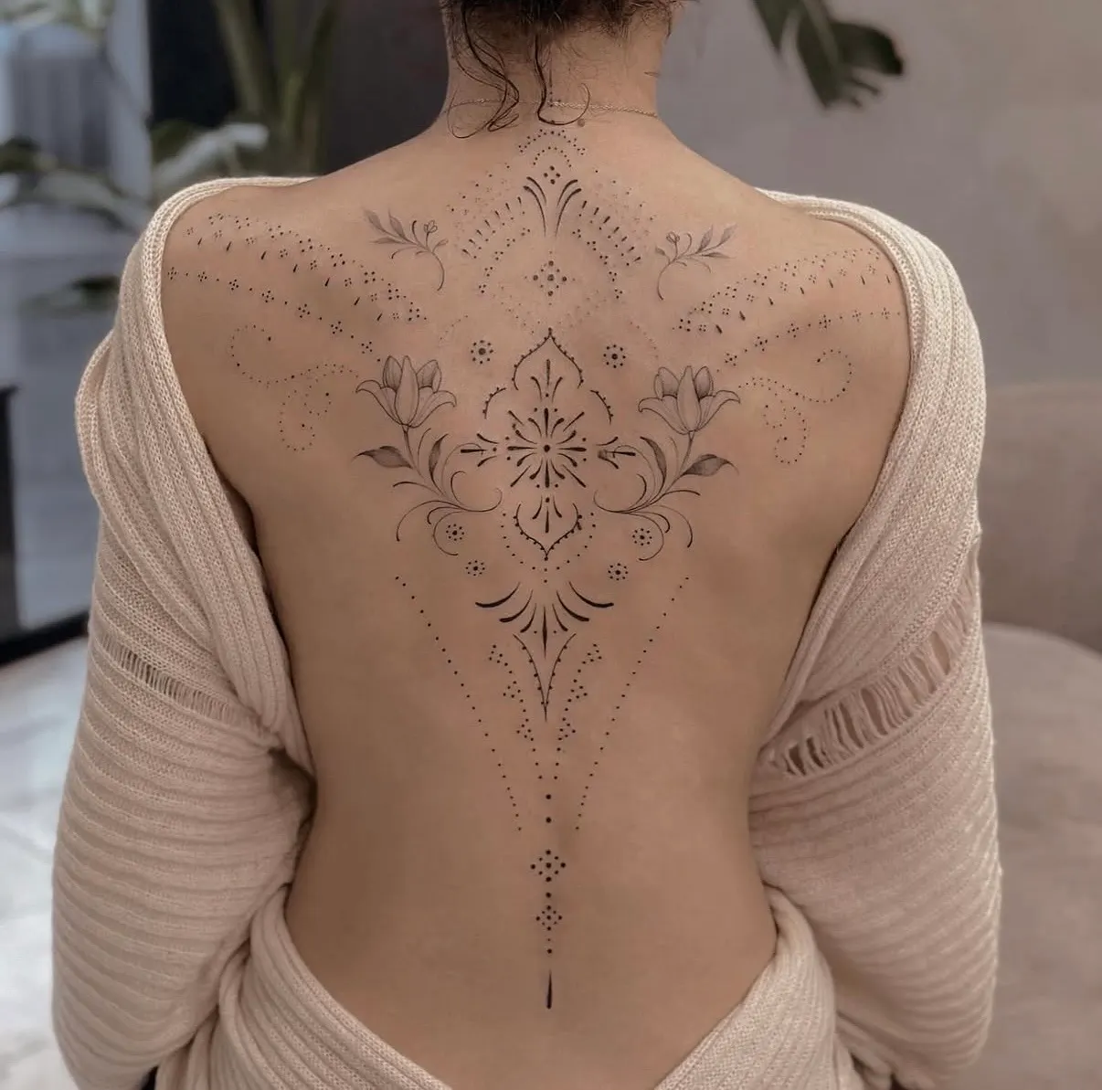Fine line ornamental tattoo by Alma Studio, Brighton